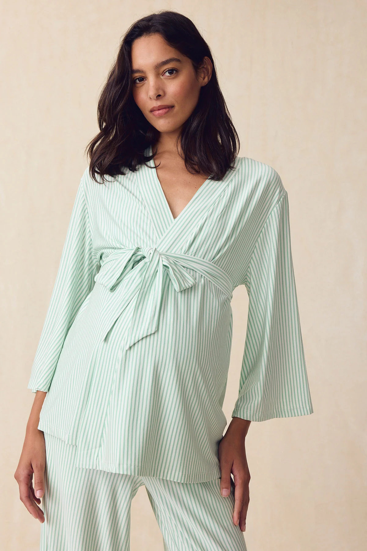 Maternity DreamModal™ Kimono Three-Piece Set in Parisian Green Pencil Stripe | Lake Pajamas