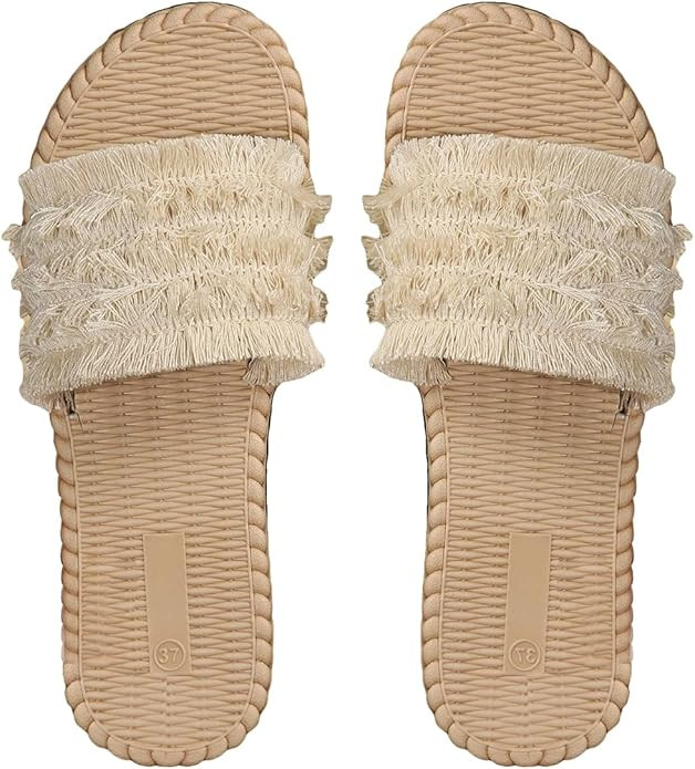OYOANGLE Women's Boho Fringe Trim Open Toe Slide Sandals Single Band Casual Flat Sandals | Amazon (US)