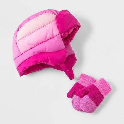 Toddler Girls' 2pk Colorblock Puffer Trapper with Magic Mitten Set - Cat & Jack™ Pink | Target