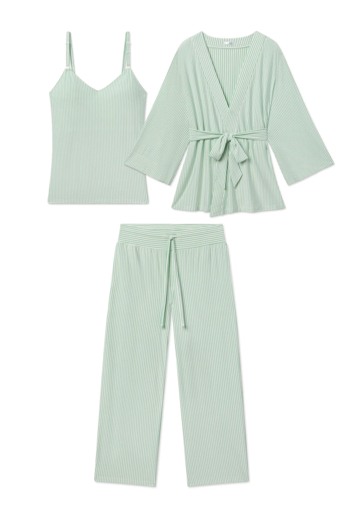 Maternity DreamModal Kimono Three-Piece Set in Parisian Green Pencil Stripe | Lake Pajamas