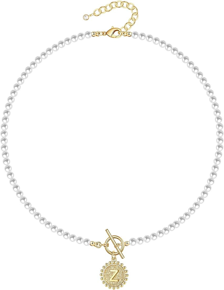 Initial Choker Pearl Necklace for Women, 14K Gold Plated Handmade 4MM Simulated Shell Pearl Neckl... | Amazon (US)