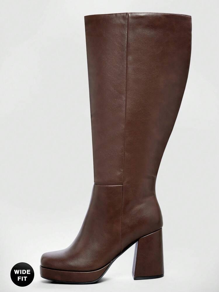 SHUZIA Women's Stylish & Comfortable Wide Calf Block Heel Knee-High Boots | SHEIN