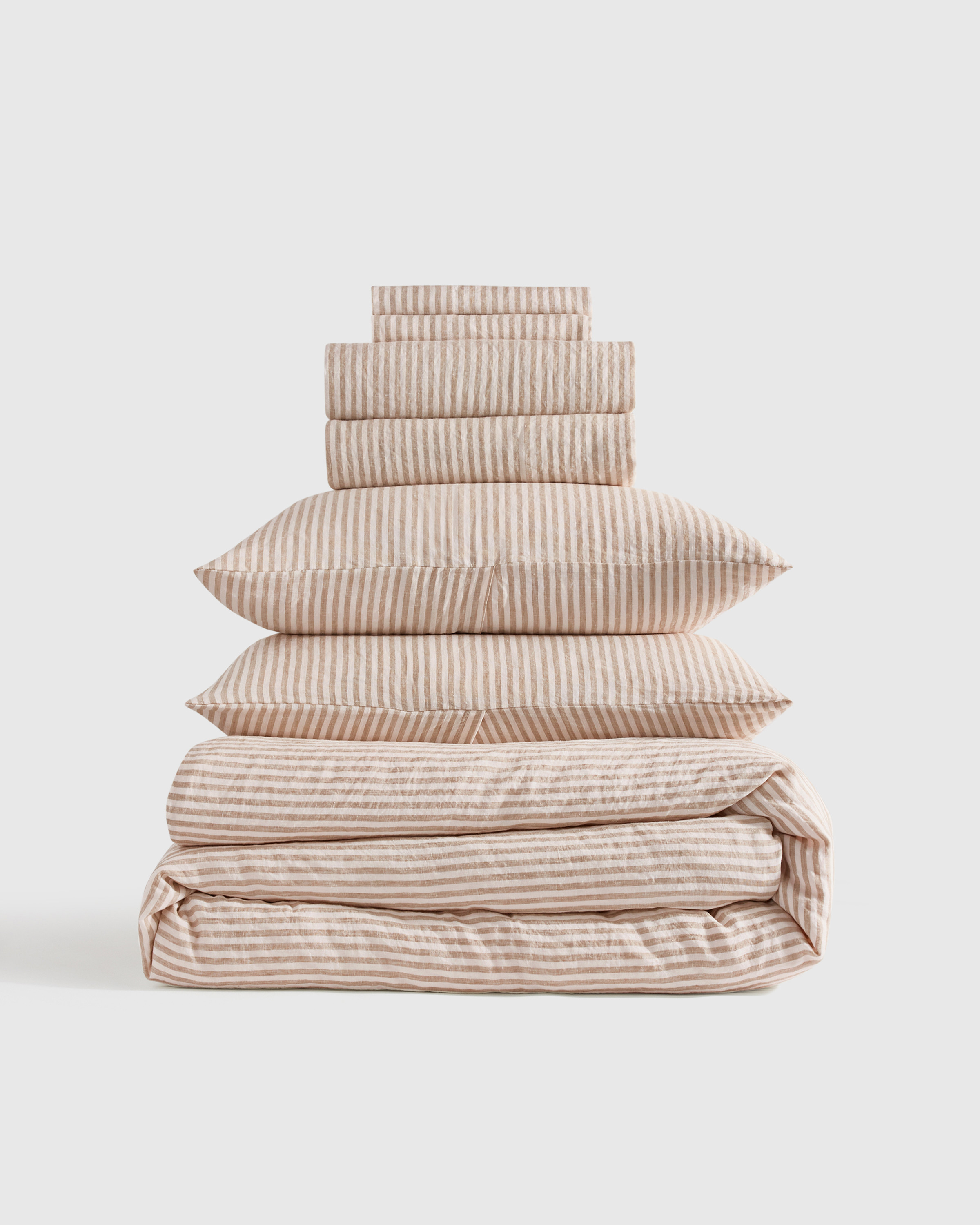 Quince | European Linen Deluxe Bedding Bundle in Latte/White Stripe, Size Queen | Quince