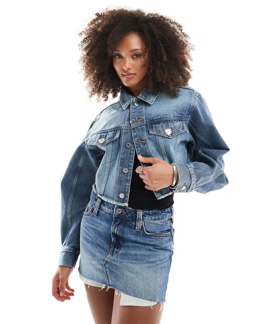 Monki cropped raw hem denim jacket in mid blue wash | ASOS (Global)
