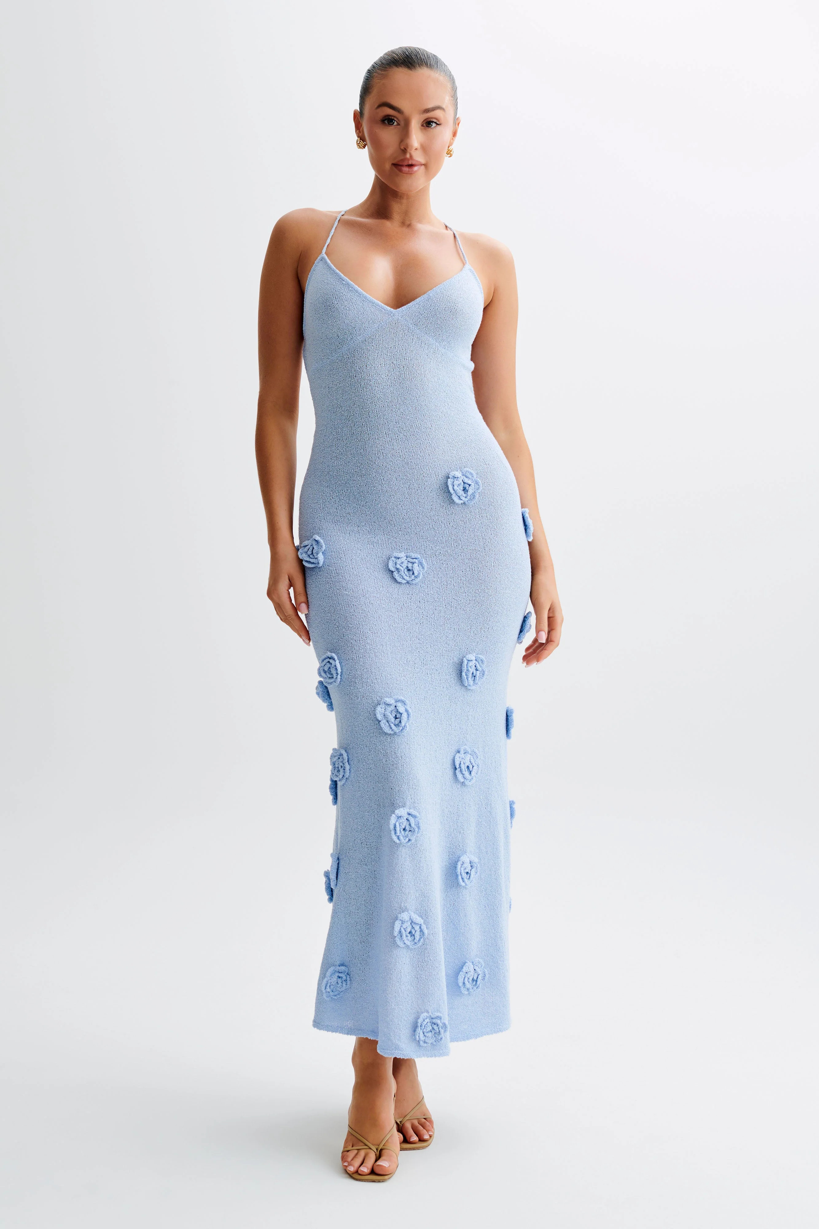 Suki Knit Maxi Dress With Flowers - Light Blue | MESHKI US