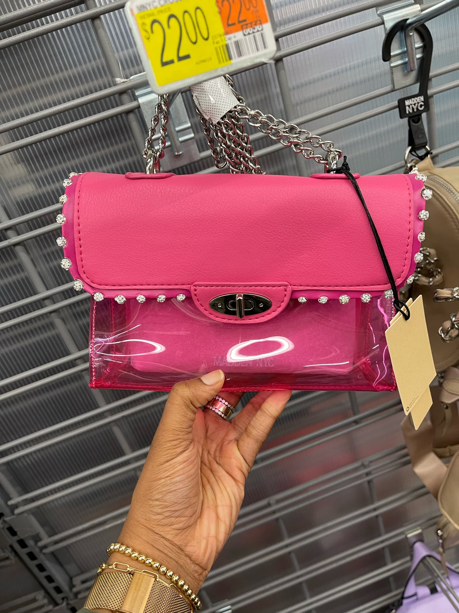 Sparkly studded clear purse by Steve Madden. 

#LTKSeasonal #LTKitbag #LTKunder50