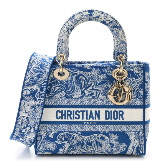 Canvas Toile De Jouy Reverse Embroidered Medium Lady D-Lite Fluorescent Blue | FASHIONPHILE (US)