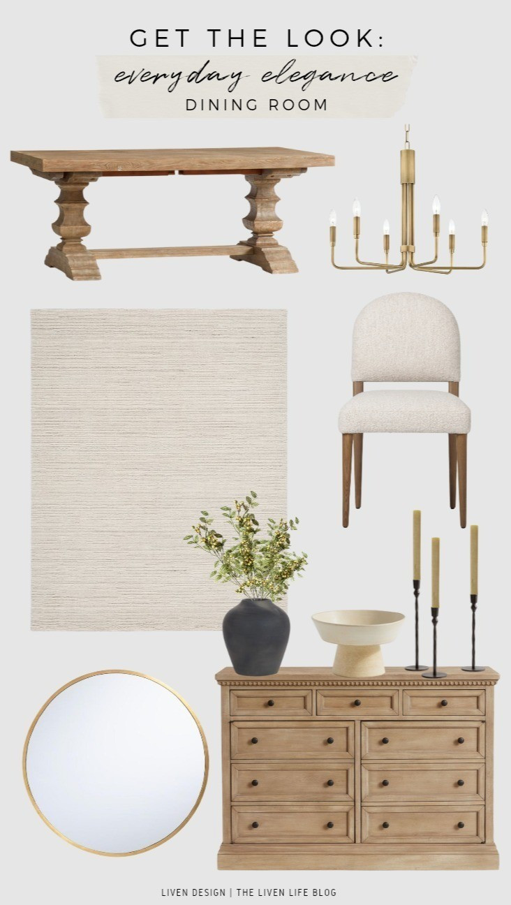 Everyday elegance dining room. Dining room decor. Trestle dining table. Traditional dining room. Neutral rug. Modern upholstered dining chair. Buffet. Sideboard. Gold chandelier. Brass chandelier. Candlesticks. Taper candle holders. Serving bowl. Footed bowl. Brass wall mirror 

#LTKSeasonal #LTKHome #LTKSaleAlert