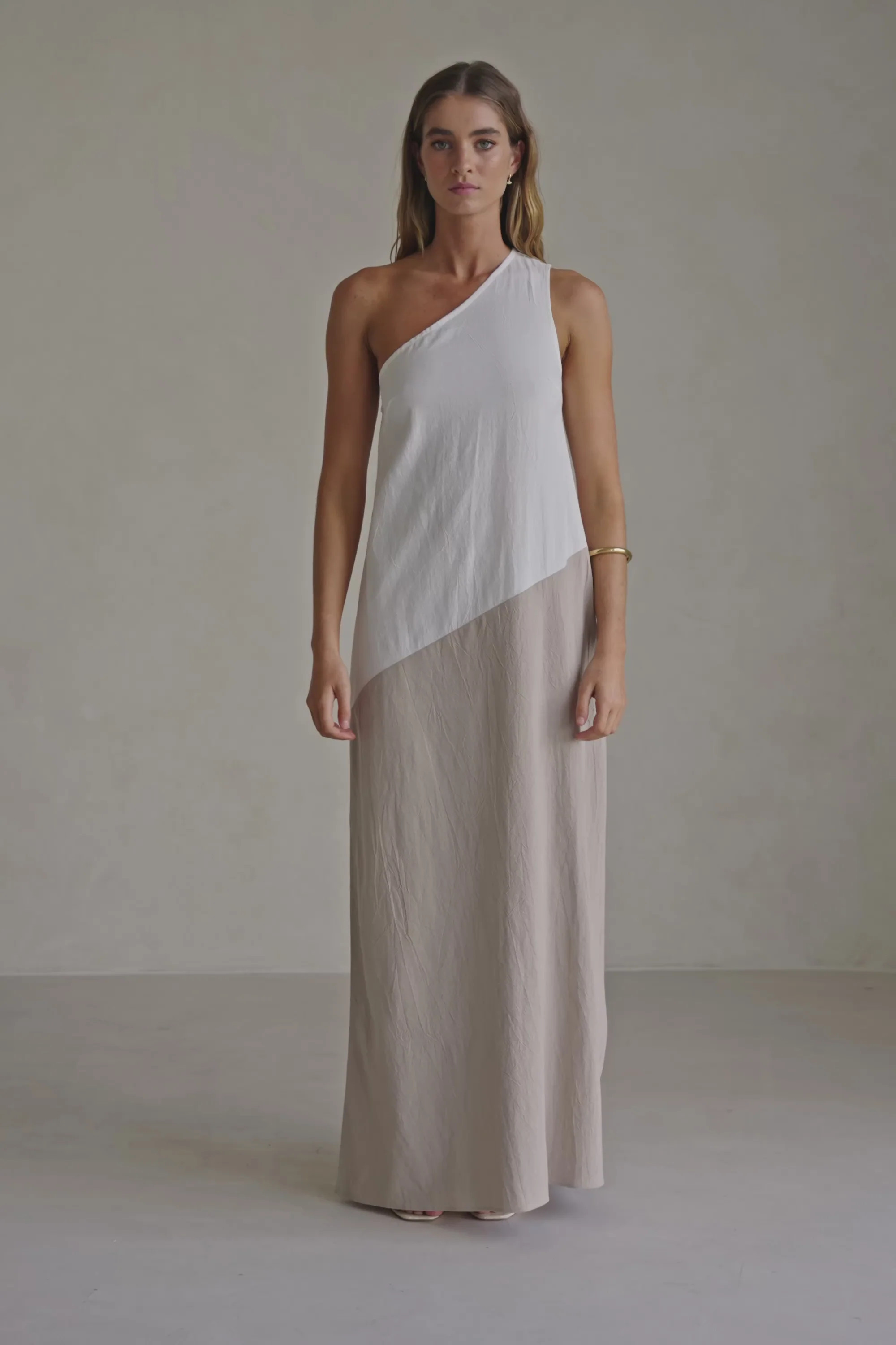 Beige White Two Tone One Shoulder Maxi Ellita Dress | Sabo Skirt US