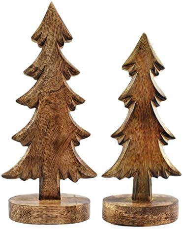 AuldHome Wooden Christmas Trees (Set of 2, Natural); Tabletop Handmade Wood Trees with Rectangula... | Amazon (US)
