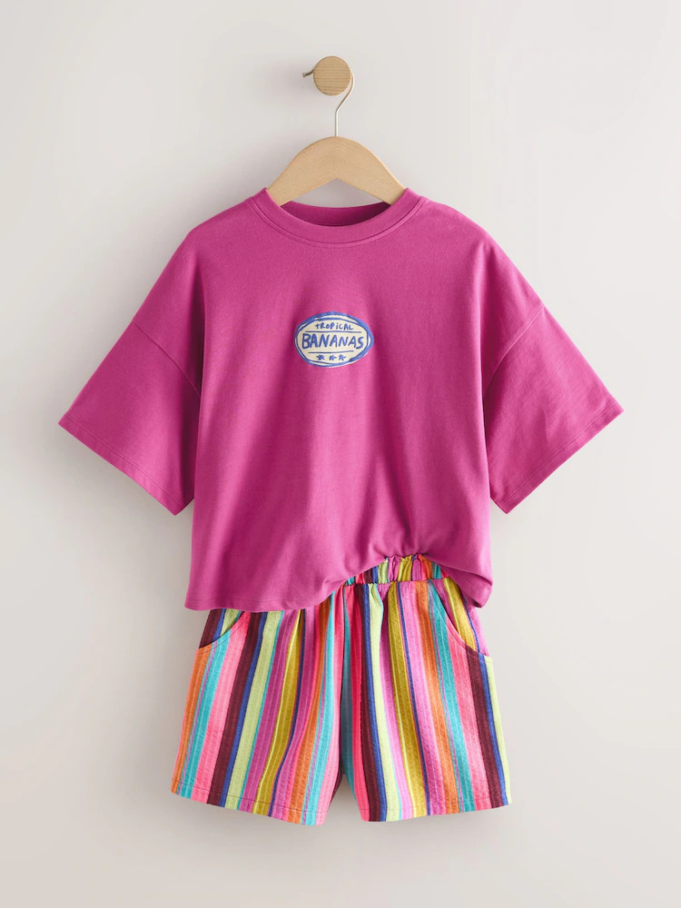 Pink/Stripe Fruit T-Shirt and Textured Shorts Set (3-16yrs) | Next US