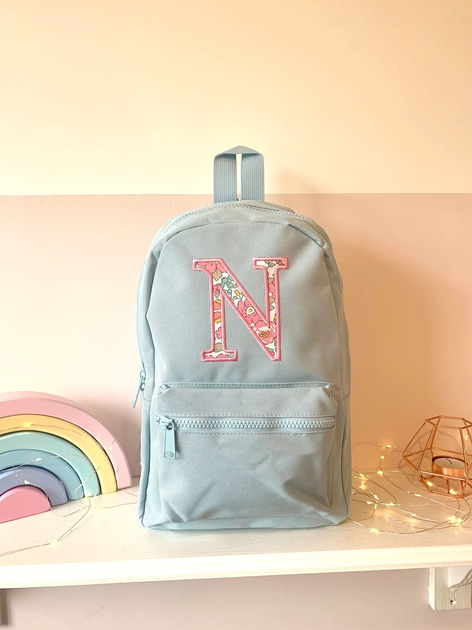 Children’s backpacks with personalised Liberty print initial, powder blue | Etsy (US)
