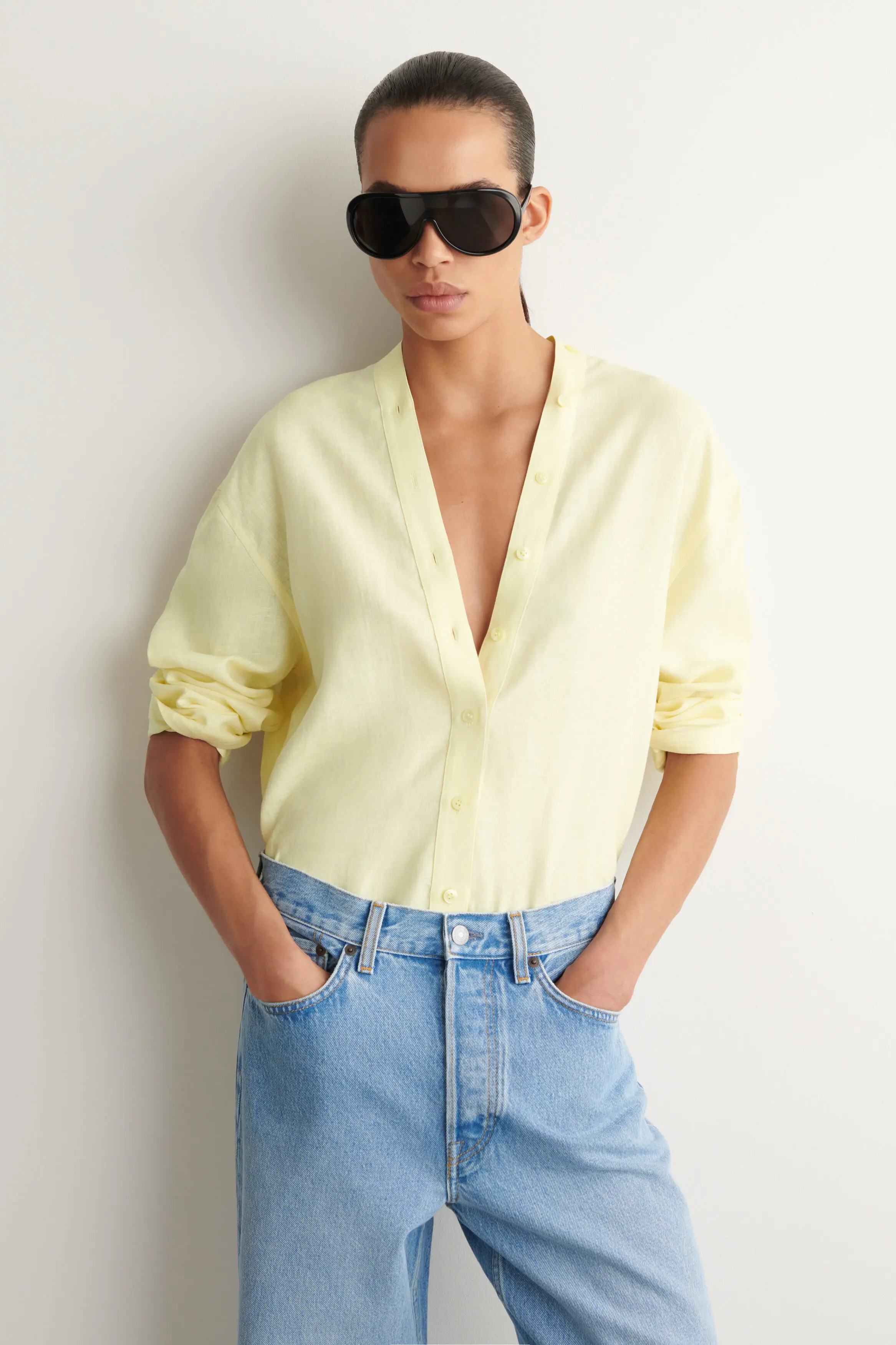 COS Button-detail Linen V-neck Shirt (Women) | Nordstrom | Nordstrom