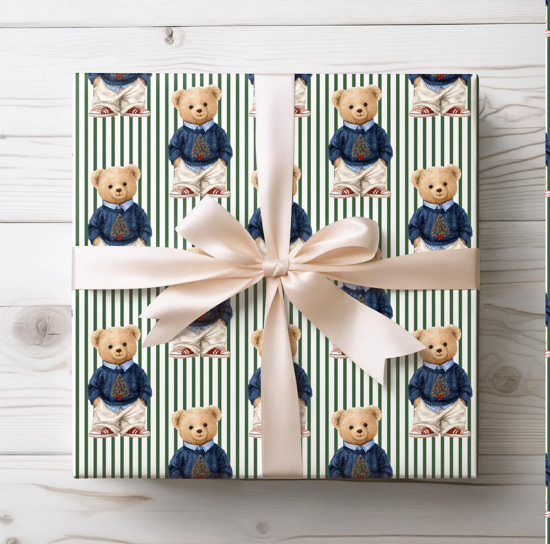 Wrapping Paper, Teddy Bear in Christmas Sweater, Dark, Moody Tones Navy, Green, Red, Xmas Vintage... | Etsy (US)