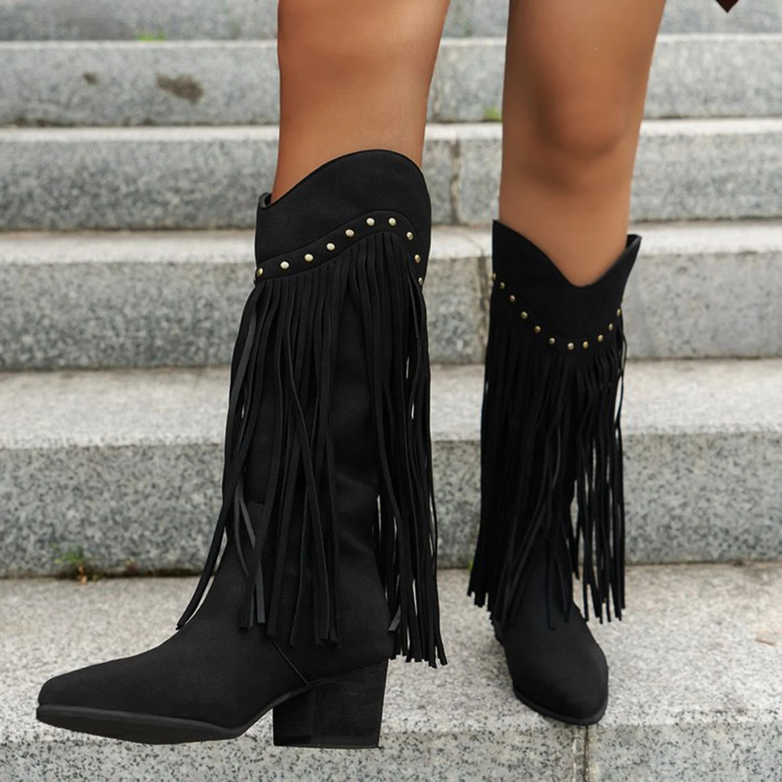 Miluxas Women Fringe Cowboy Boots Square Toe Mid Calf Embroidered Western Boots,Tassel Cowgirl Bo... | Walmart (US)