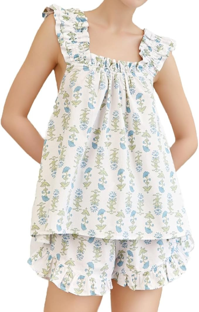Womens Summer 2 Piece Set Fashion Ruffle Trim Cami and Casual Shorts Set Cotton Pajama Sets | Amazon (US)