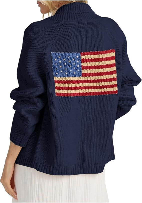 Women's American Flag Cardigan Long Sleeve Shawl Collar Button Down Fall Chunky Knit Varsity Swea... | Amazon (US)