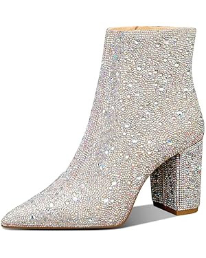 MSONLYDN Rhinestone Sparkle Boots for Women Pointed Toe Chunky Heel Sparkly Glitter Cowgirl Ankle... | Amazon (US)