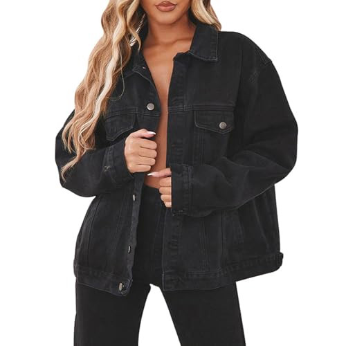 Jean Jacket for Women Distressed Long Sleeve Oversized Denim Trucker Jackets Coat | Amazon (US)