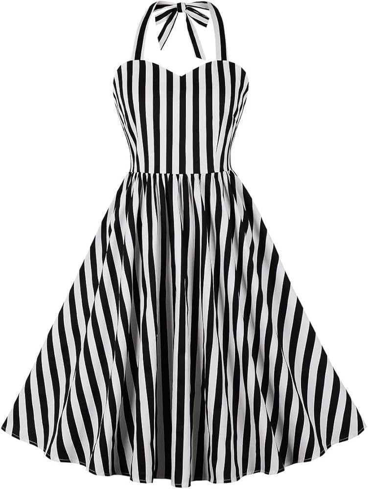 Women Black and White Striped Dress Halloween Costume Vintage 1950s Halter Rockabilly Pinup Dress... | Amazon (US)