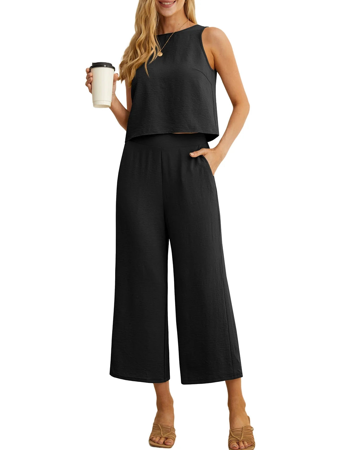 Cueply Women's Summer 2 Piece Outfits Lounge Sets Sleeveless Crop Top Wide Leg Cropped Pants with... | Walmart (US)