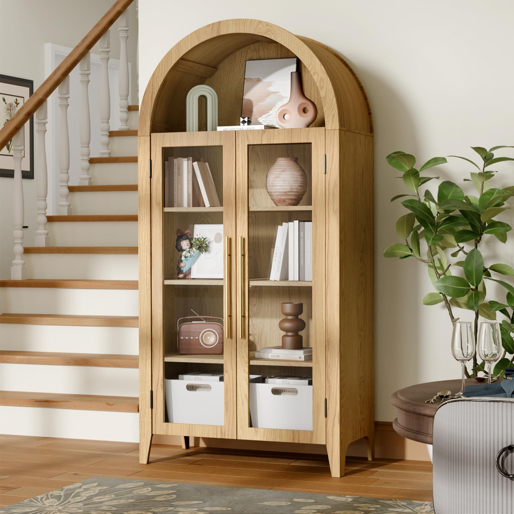 63" Arched Display Cabinet, 5-Tier Arched Bookcase with Glass Doors & Adjustable Shelves for Livi... | Amazon (US)