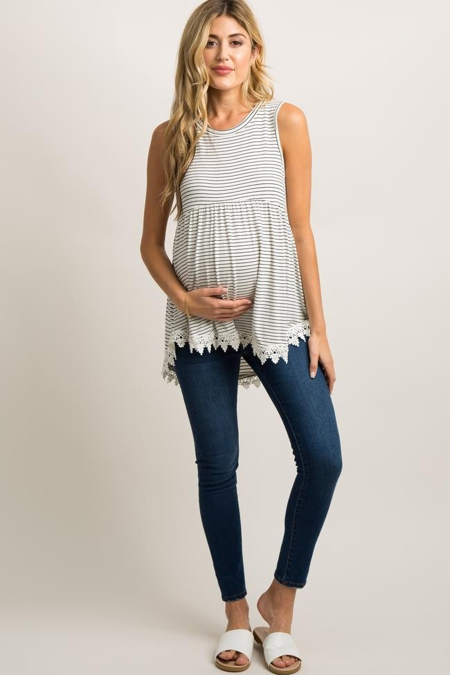 White Striped Crochet Trim Peplum Maternity Top | PinkBlush Maternity