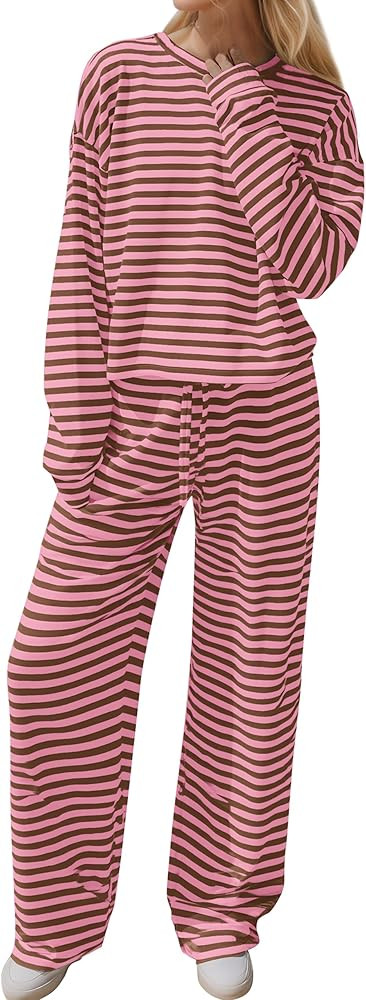 MISSACTIVER Women's Striped 2 Piece Lounge Set Casual Long Sleeve T-Shirt Drawstring Wide Leg Pan... | Amazon (US)