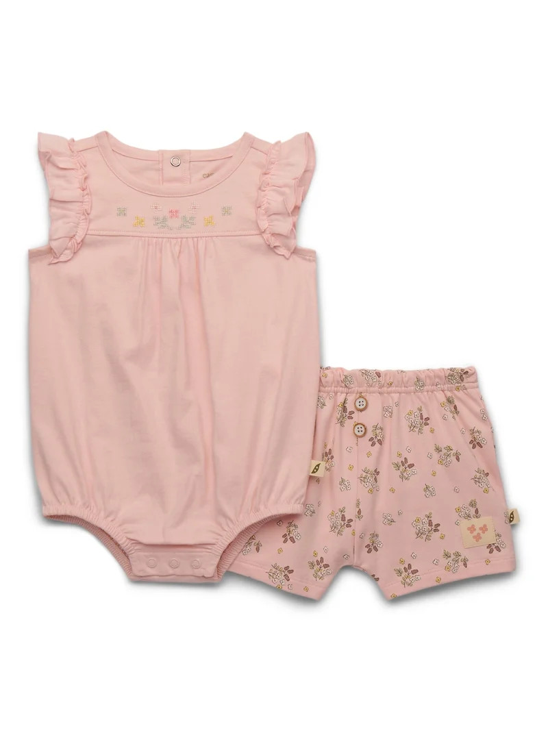 easy-peasy Baby Girls Organic Cotton Ruffle Bodysuit with Embroidered Yoke and Floral Shorts Set,... | Walmart (US)