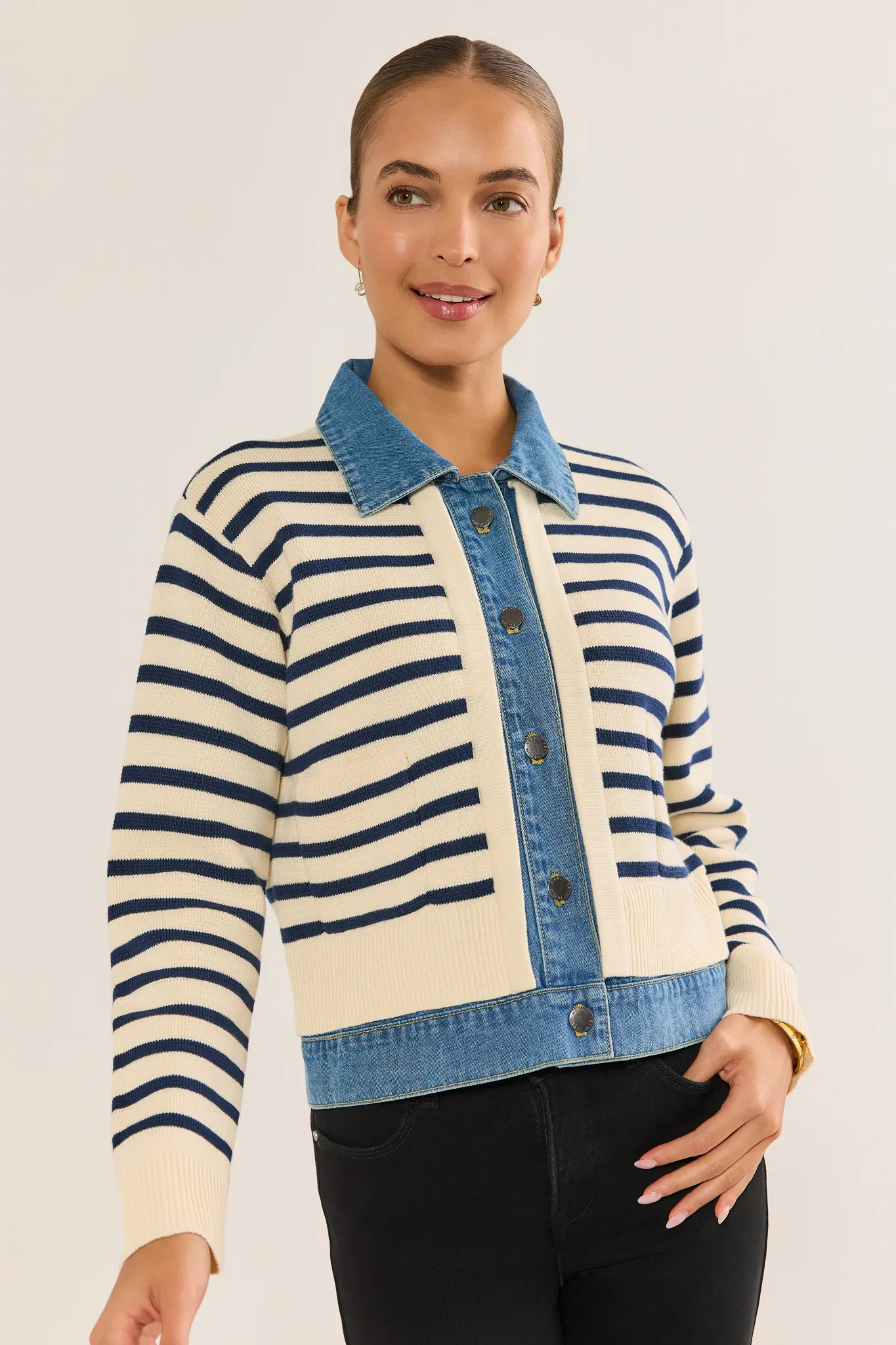 Asher Ivory Striped Denim Trim Cardigan | Avara