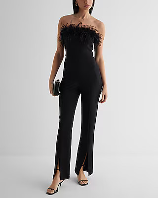 Feather Trim Strapless Split Hem Jumpsuit | Express