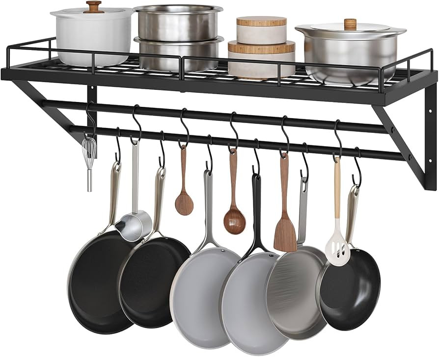 Pot Rack, 30 Inch Wall Mounted Pot Rack, Kitchen Pot and Pan Organizer with 2 Tier Hanging Rails,... | Amazon (US)
