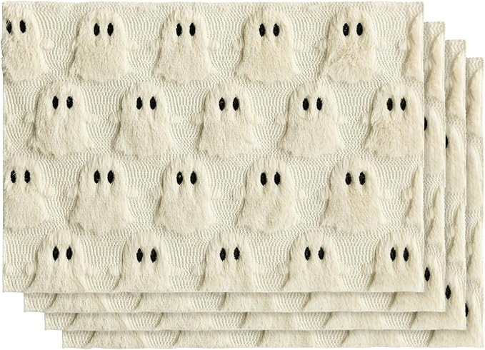 Artoid Mode Beige Ghost Halloween Placemats Set of 4, 12x18 Inch Soft Plush Faux Fur Wool Holiday... | Amazon (US)