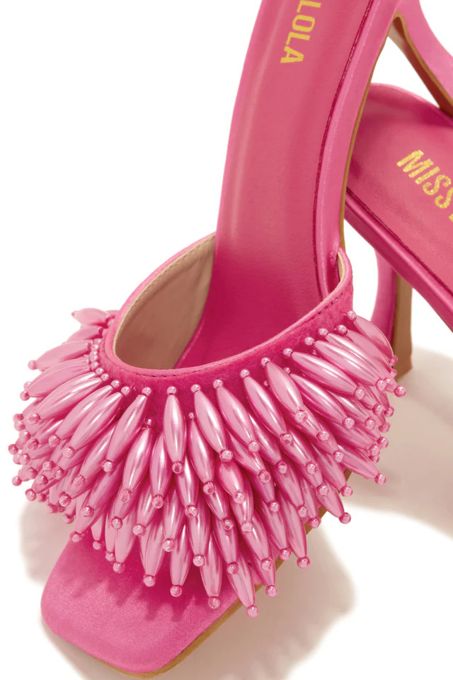 Miss Lola | Pink Beaded Mid Heel Mules | MISS LOLA