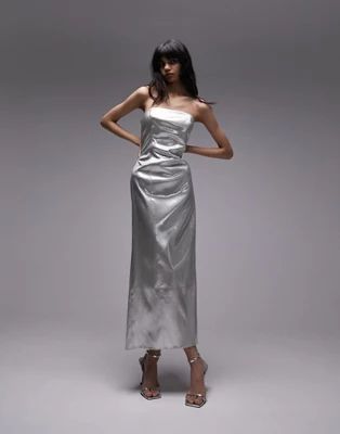 Topshop bandeau metallic midi dress in silver | ASOS (Global)
