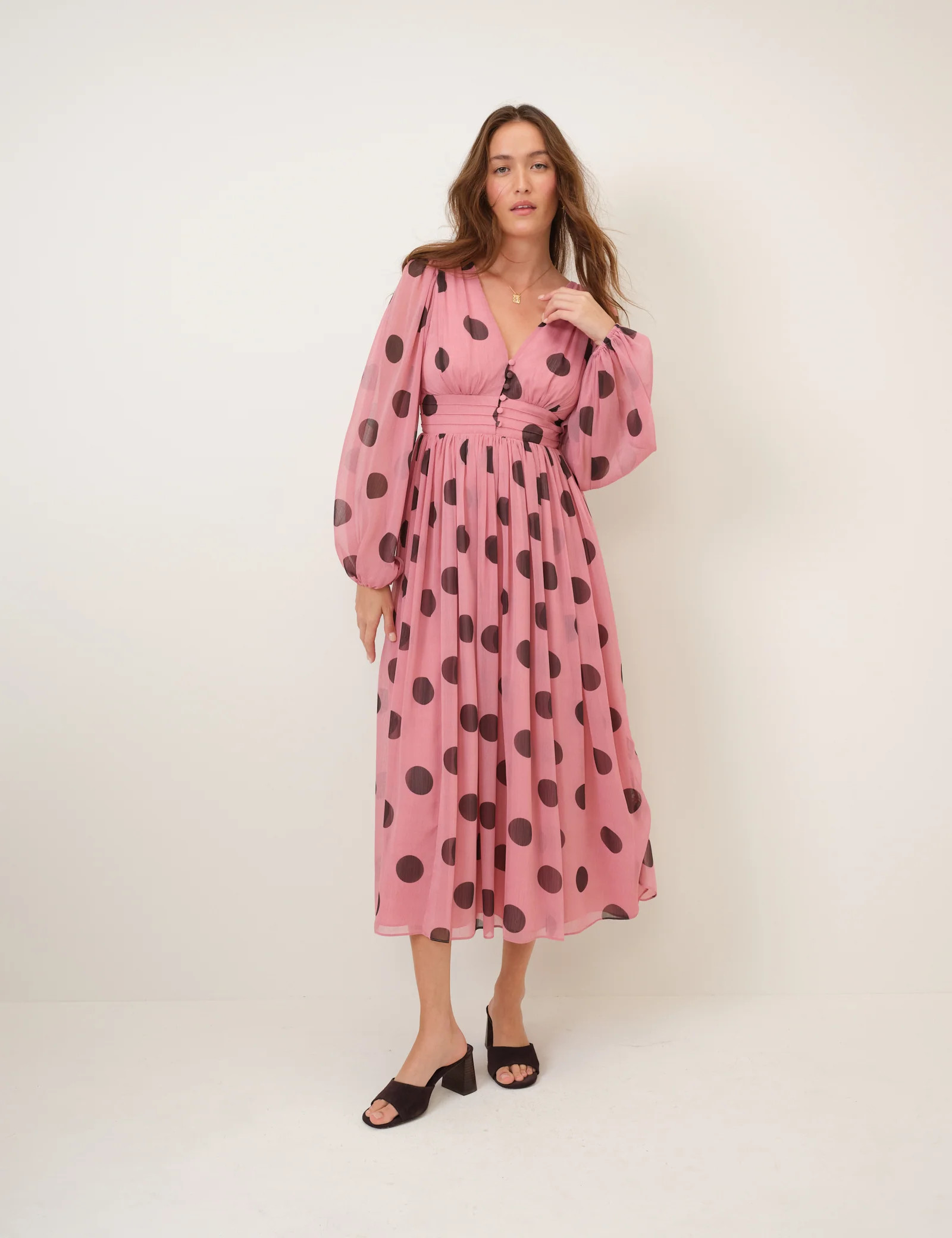 Pink Polka Dot Balloon Sleeve Anya Midi Dress | Nobody's Child