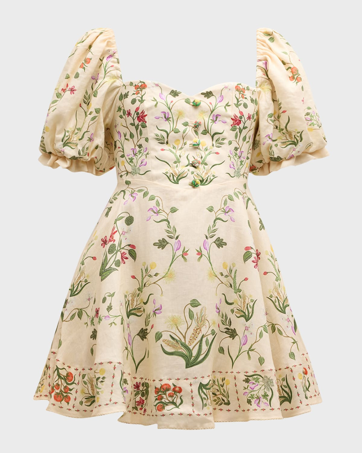 Vuelo Cultivo Puff-Sleeve Floral Linen Mini Dress | Neiman Marcus