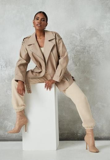 Camel Long Faux Leather Biker Jacket | Missguided (US & CA)