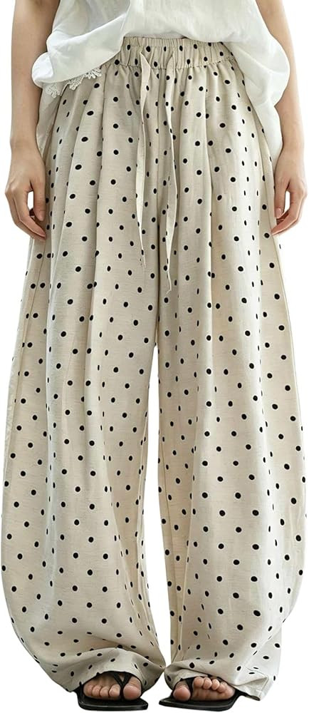 Women Polka Dot Barrel Pants Linen Blend Wide Leg Drawstring High Waist Casual Vacation Lounge Pa... | Amazon (US)
