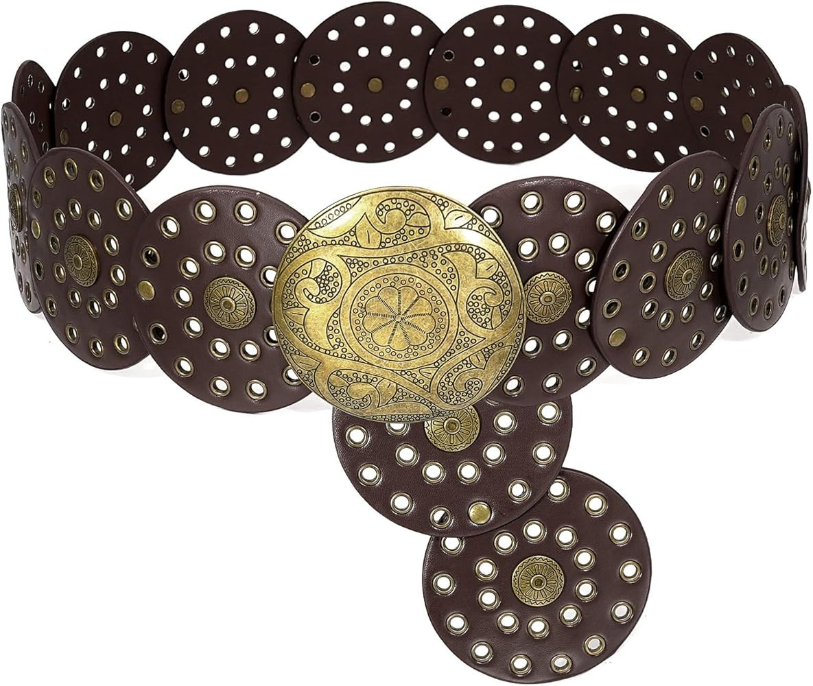 Wide Disc Belt for Women Boho Disk Concho Leather Belts Western Waist Belts for Dress | Amazon (US)