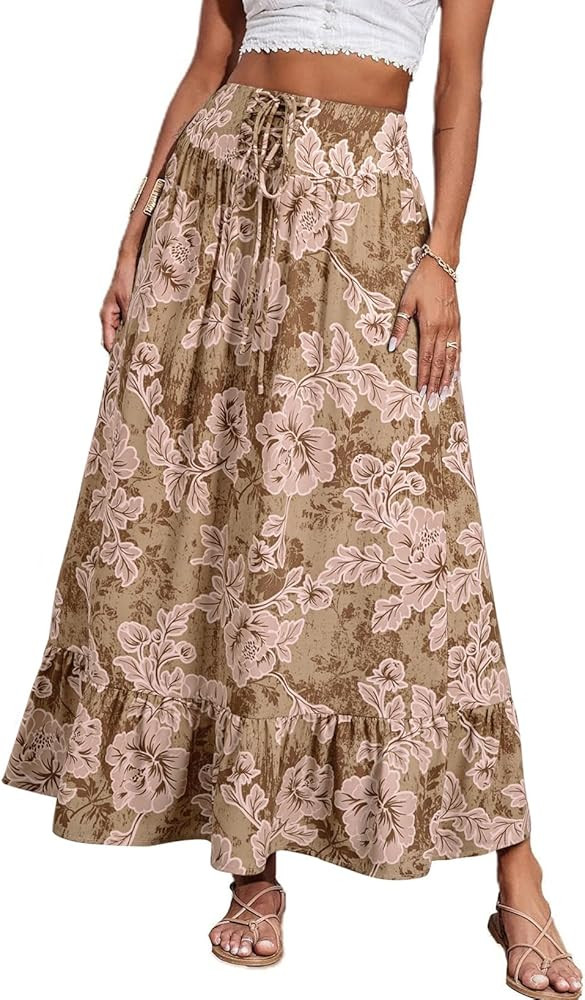 BLENCOT Skirts for Women Spring Summer Floral Print Drawstring Smocked High Waist Flowy A Line Ma... | Amazon (US)