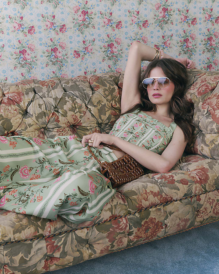 Green Floral High Waisted Wide Leg Trousers | River Island UK & IE