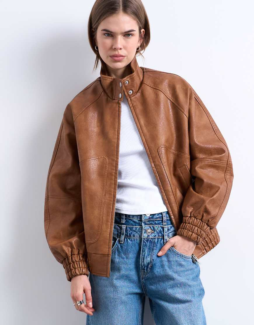 Topshop leather look funnel neck jacket in washed brown | ASOS (Global)