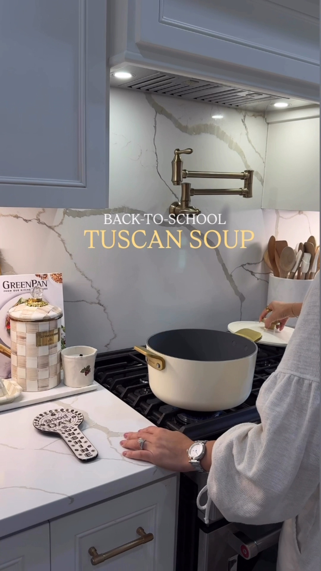 Today’s Cooking Episode: Easy Back-to-School Tuscan Soup 👩‍🍳🍲✨

Ingredients:
• 1 lb ground Italian sausage (no casing)
• 1 yellow onion, chopped
• 7 ½ cups chicken broth
• 1 ½ lbs russet potatoes, thinly sliced (no need to peel)
• 2 slices of bacon (I skipped it)
• A pinch of chili flakes (optional for heat)
• 1 tsp garlic powder
• 1 ½ tsp salt (add more to taste)
• 1 tsp black pepper
• 2 cups half and half (or heavy cream for a richer soup)
• 2 cups kale, chopped
• Shredded parmesan cheese (for topping)

Instructions:
1. In a large pot over medium-high heat, cook the sausage, breaking it into pieces.
2. Once cooked, transfer the sausage to a bowl. Leave about 1–2 teaspoons of the grease in the pot.
3. Add chopped onion and cook for about 5 minutes until soft.
4. Add the chicken broth, sliced potatoes, garlic powder, salt, and pepper.
5. Bring to a boil, then lower the heat to medium. Stir in the half and half (or cream), kale, and cooked sausage.
6. Cover and let it simmer for 10–15 minutes, until the potatoes are tender.
7. Taste and adjust salt or pepper if needed.
8. Serve with shredded parmesan on top. You can also add crispy bacon and chili flakes if you like a little kick!

Save this recipe for your next cozy dinner!

Cooking with @theoriginalgreenpan from the @stanleytucci Collection 🤍

#backtoschool #easyrecipe #easydinners #momlife #dayinmylife 

#LTKFamily #LTKKids #LTKHome