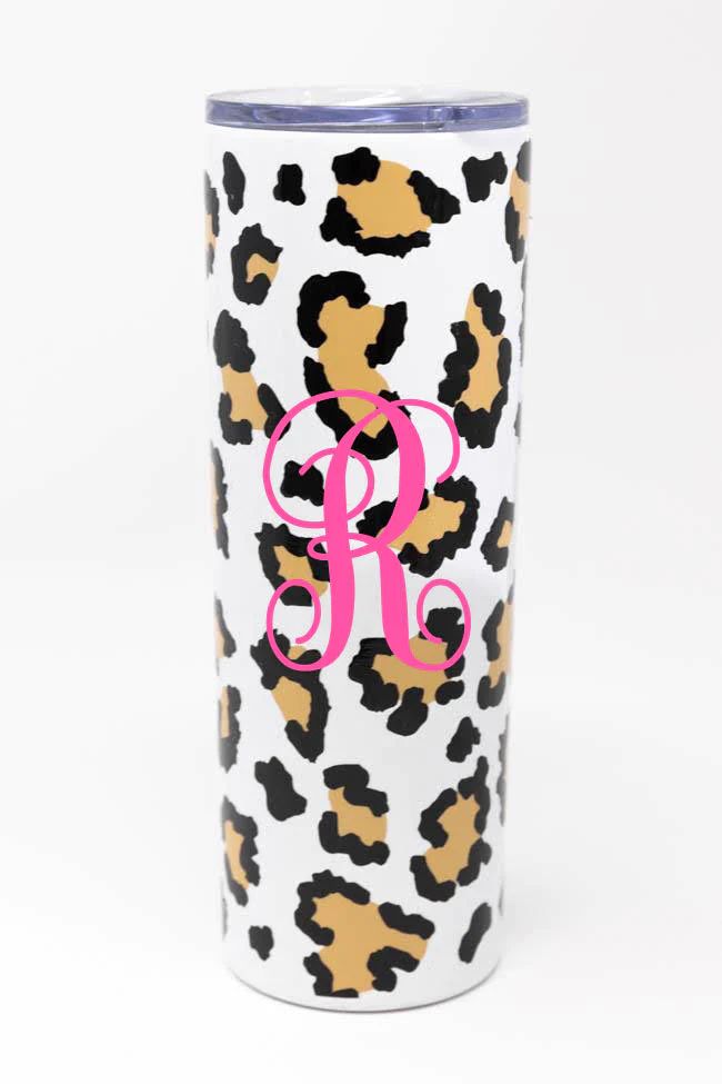 On Island Time 20oz Brown Animal Print Single Initial Skinny Tumbler | The Pink Lily Boutique