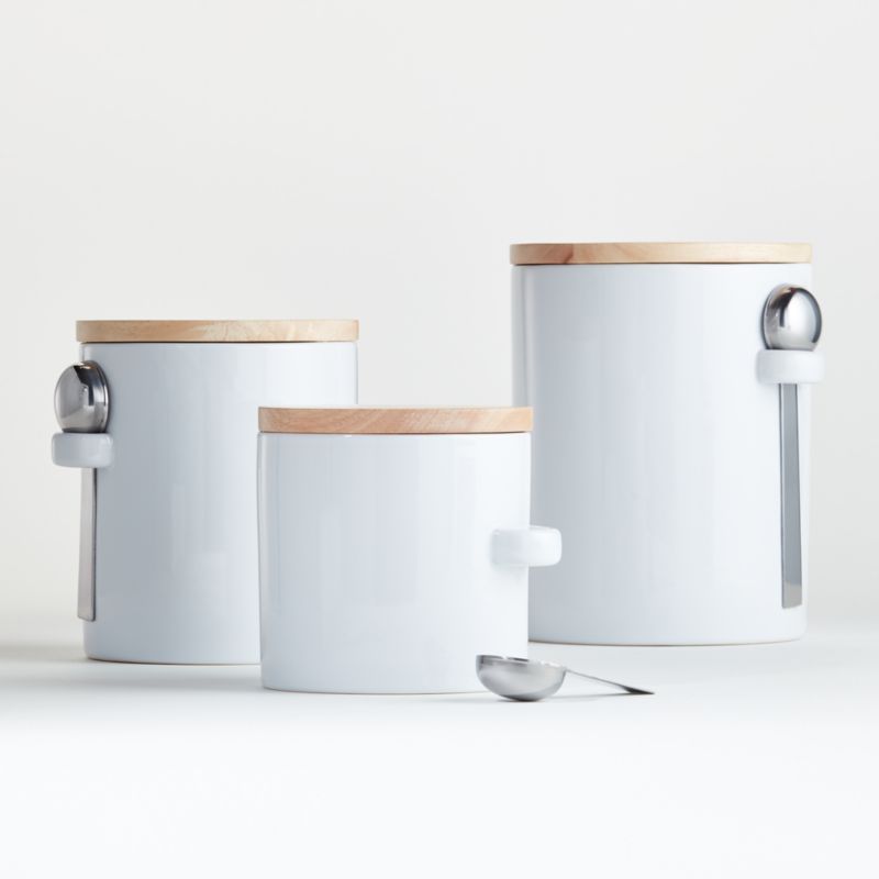 White Ceramic Canisters with Scoop | Crate and Barrel | Crate & Barrel