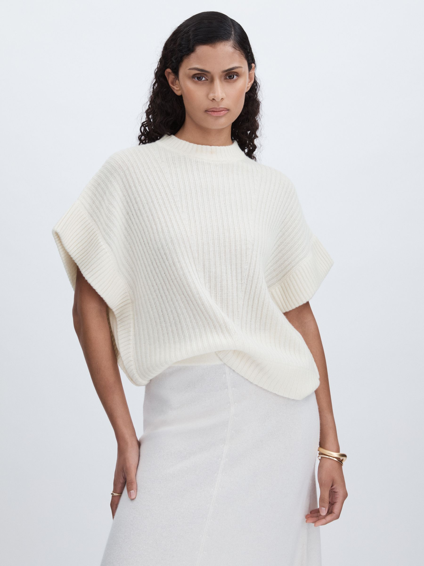 Wool Cashmere Ribbed Top in Cream | Reiss US