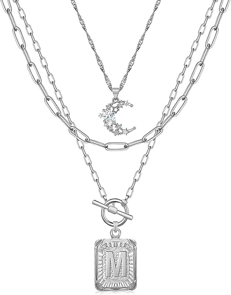 MJartoria Layered Initial Necklaces for Women Trendy, 14K Gold Plated Simple Moon Choker Square L... | Amazon (US)