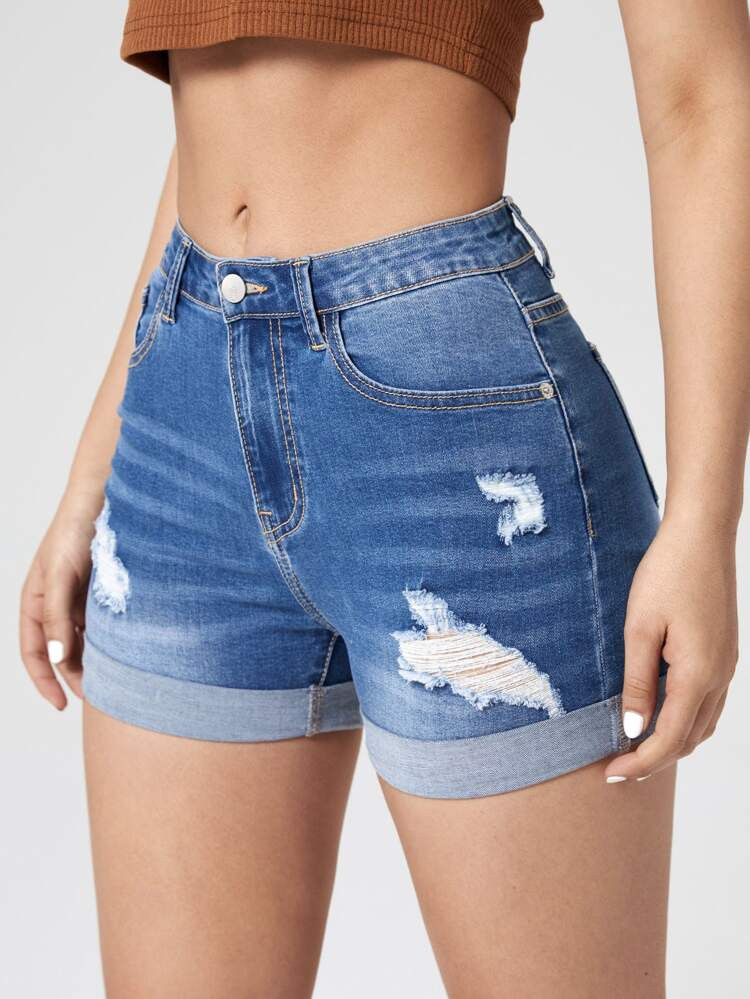 Ripped Roll Up Hem Denim Shorts | SHEIN