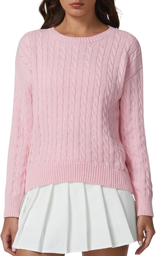 QINSEN Women's Cable Knit Crewneck Sweater Long Sleeve 90s Vintage Ribbed Pullover Sweaters | Amazon (US)